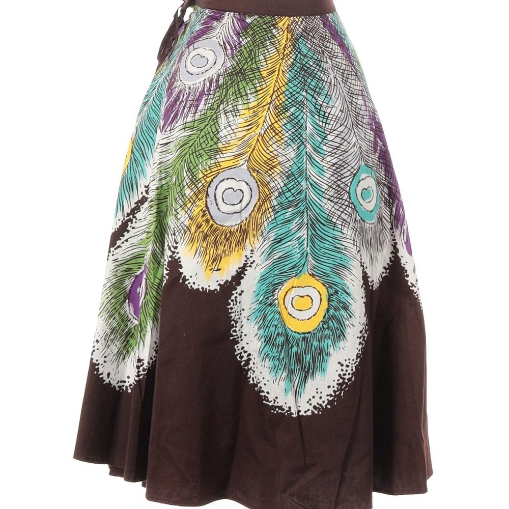 BCBGMAXAZRIA peacock feather print brown, teal, purple full skirt, Medium - Picture 2 of 2